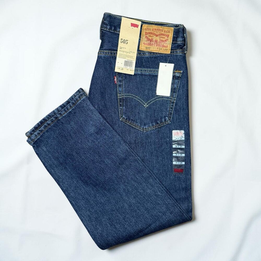 Levi's 505 Mens Jeans 34x29 NWT Regular Fit Straight Blue Denim Stretch Zip Fly